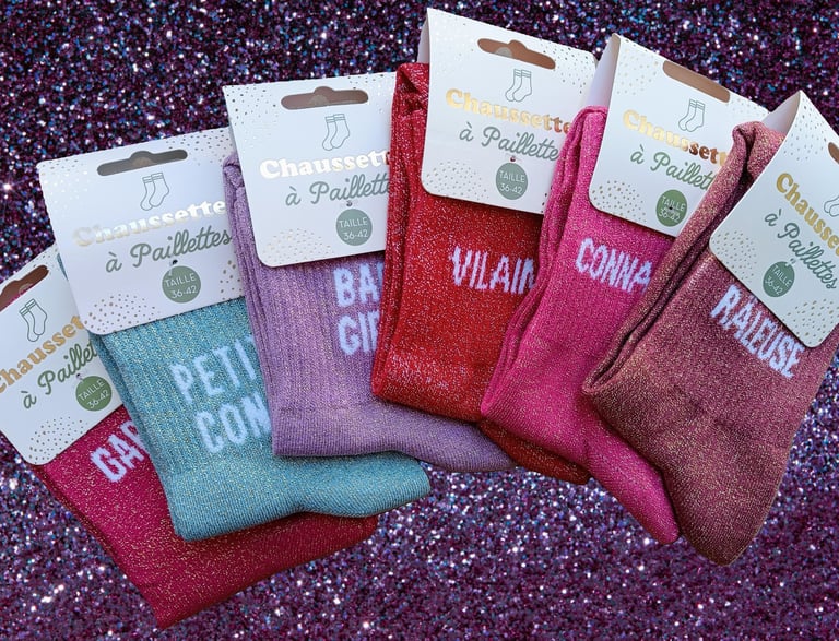 Chaussettes à paillettes avec messages humoristiques pour cadeau original : Vilaine, Garce, Râleuse
