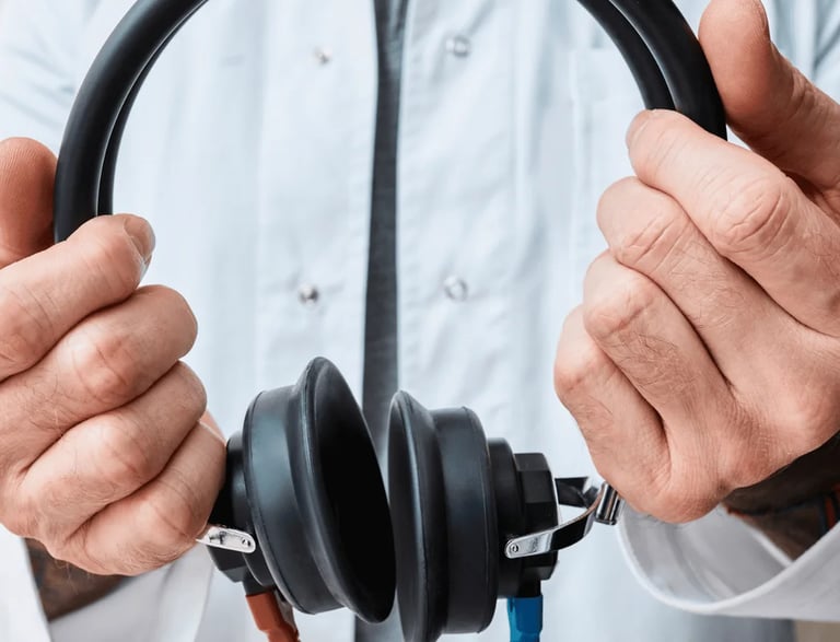 Um homem segurando um fone de exames audiológicos