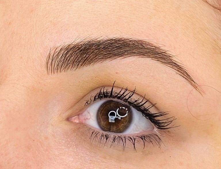 Before and after image displaying a client with brunette microbladed with soft shading.