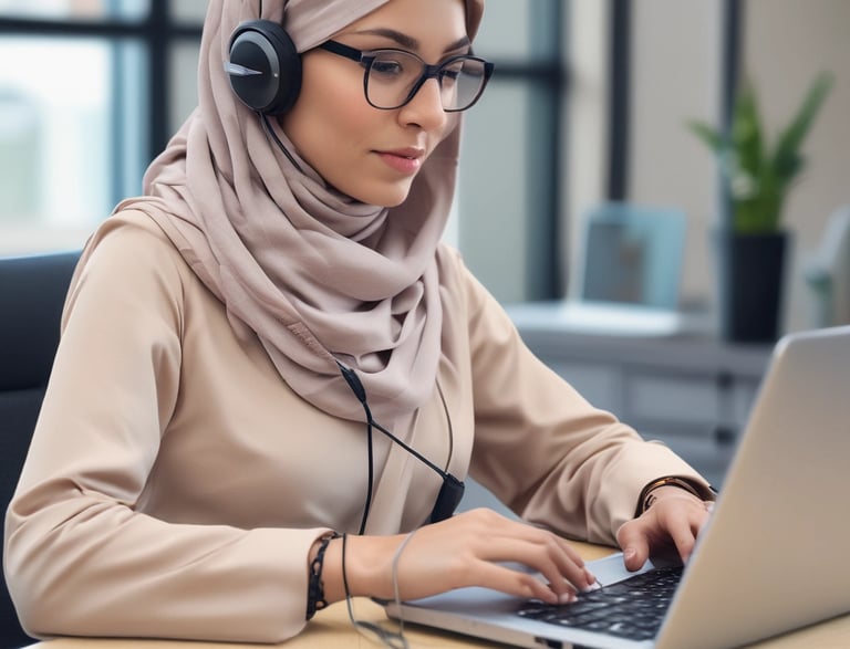 A professional businesswoman smiling while using a laptop in a modern office setting.