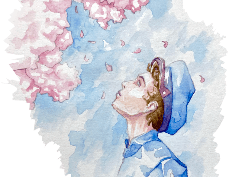 Illustration of a young man in blue at a profile looking up at cherry blossom