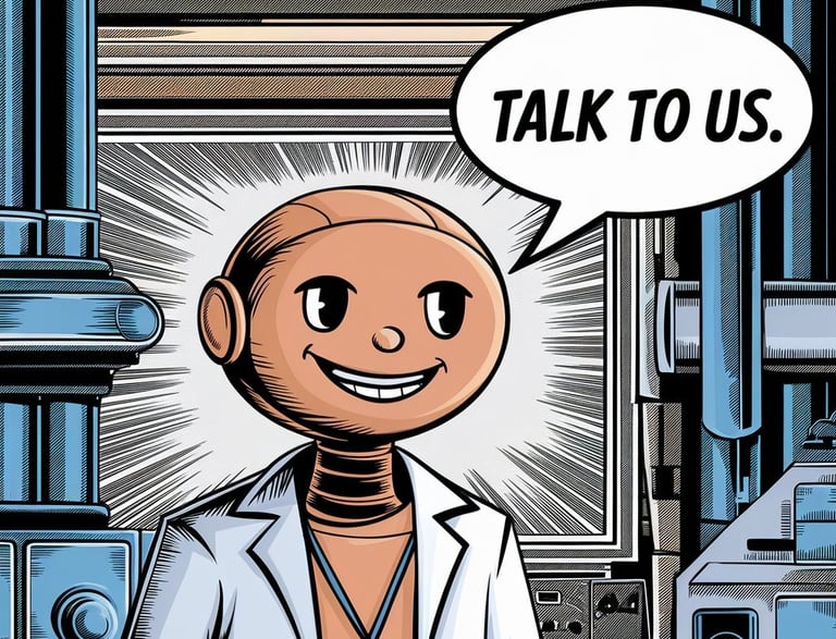 Illustration of a robot with the blurb "talk to us"