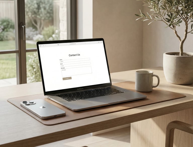 laptop screen shows a clean contact form interface.