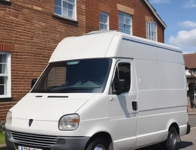A FedEx Express delivery van is parked on the side of a street. The foreground features a road with yellow and white lane markings. In the background, there are several tall leafy trees and a row of commercial buildings, some with red brick facades. A small park or public square is visible, with people walking and a few tents or stalls set up.