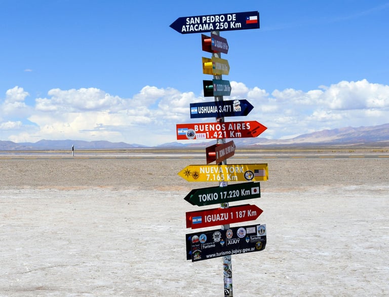 South American sign post with city names in Spanish represents the benefit of Spanish for travel