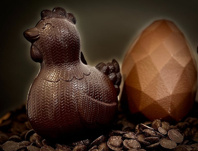 une poule chocolat noir accompagnée de son oeuf origami au chocolat au lait pour pâques