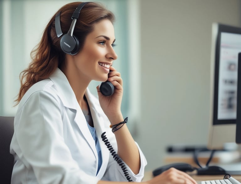 A friendly nurse at a desk with a laptop and paperwork.