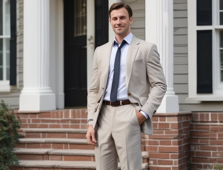 A friendly realtor shaking hands with a happy homeowner in front of a beautiful house.