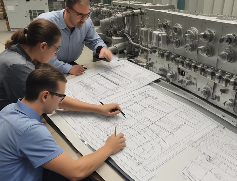 A professional engineer reviewing water treatment plant blueprints with a laptop and technical drawings spread out.