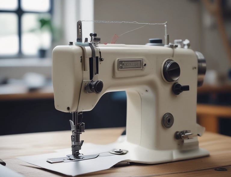 An elegant workspace with burgundy and gold accents and a sewing machine beside fabric samples.