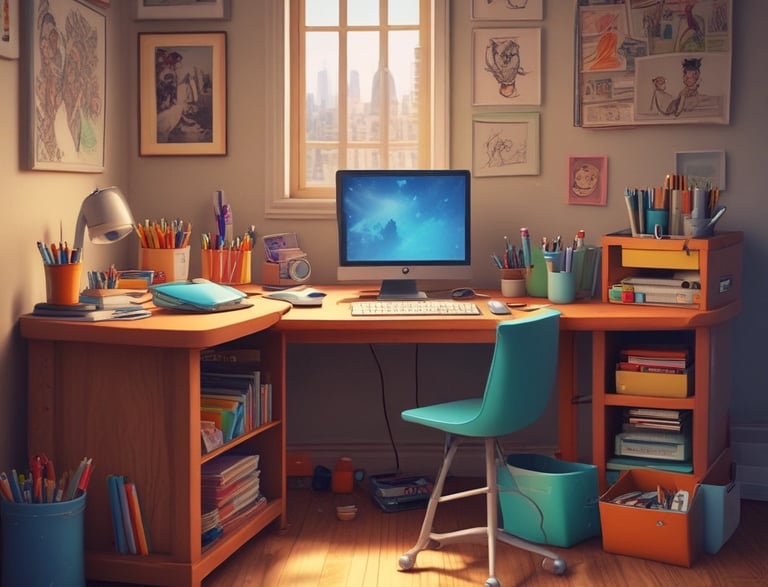 A cozy workspace with a laptop, sketchbooks, and colorful storybook illustrations scattered around.