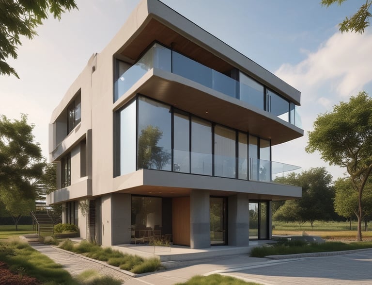 A welcoming modern architectural office building with natural light and greenery surrounding it.