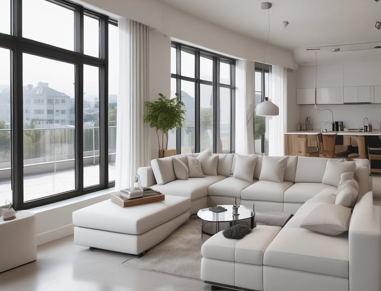 A professional cleaner in a bright, modern Charlotte home, carefully dusting a living room shelf with natural light streaming in.