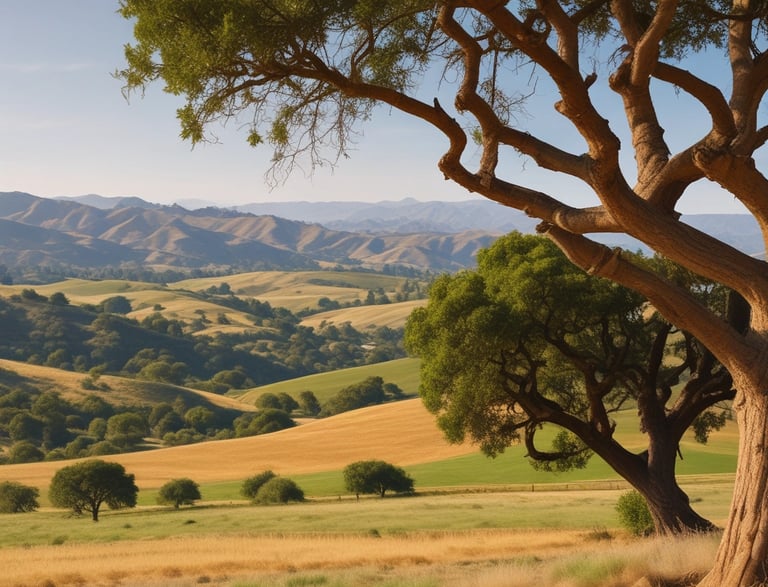 A sunlit office with a laptop, notebook, and a scenic view of the Santa Ynez Valley through the window.