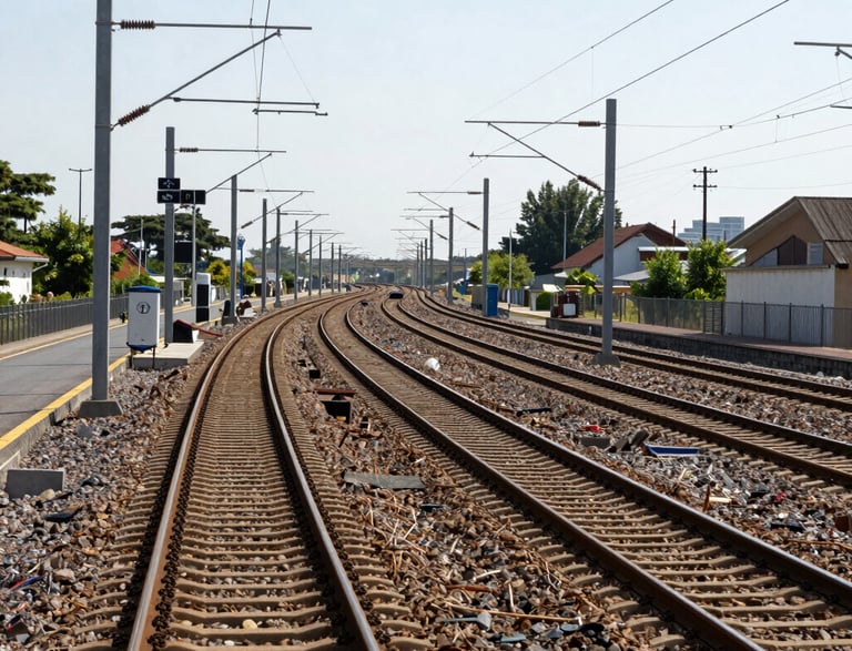 Technician in safety gear inspecting railway overhead lines at sunset.
