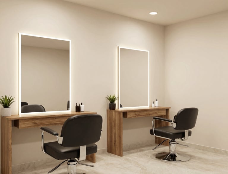 A welcoming salon entrance with soft lighting and elegant decor.