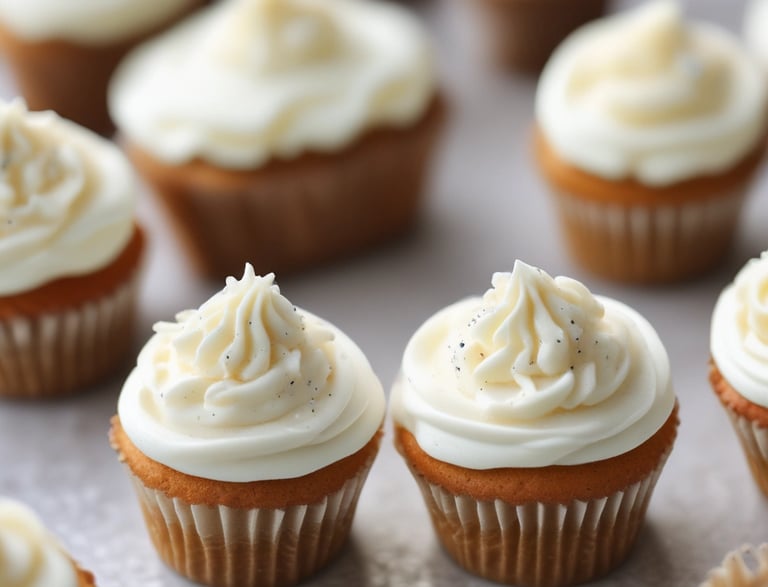 A cozy kitchen scene with a tray of mini cupcakes and a handwritten greeting card beside a vintage teacup.