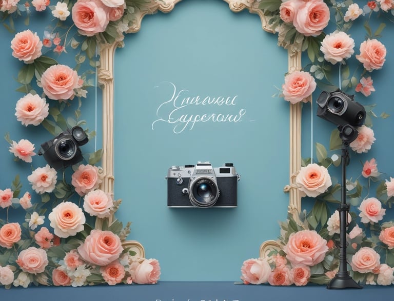 A softly lit vintage camera resting on a wooden table beside a delicate wedding invitation.