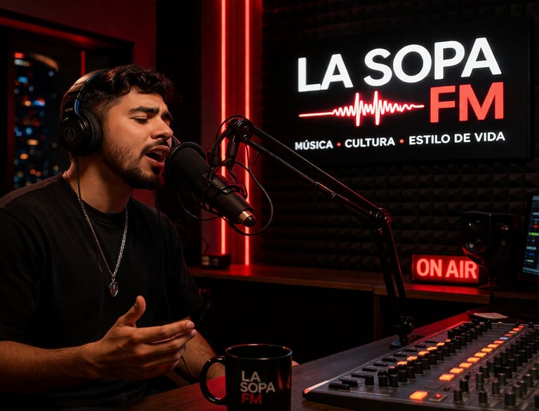 Artist performing live in La Sopa FM radio studio with professional microphone and audio mixer