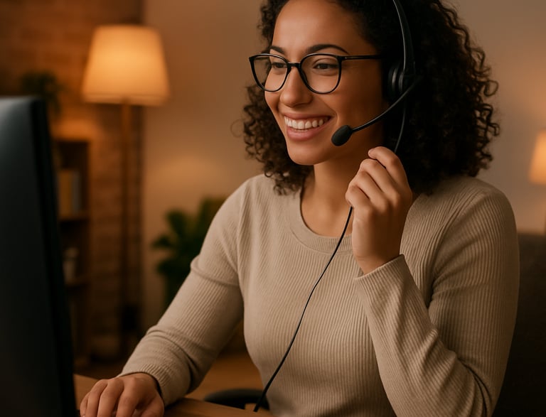A friendly cleaner in uniform holding cleaning supplies next to a cozy sofa in a bright living room