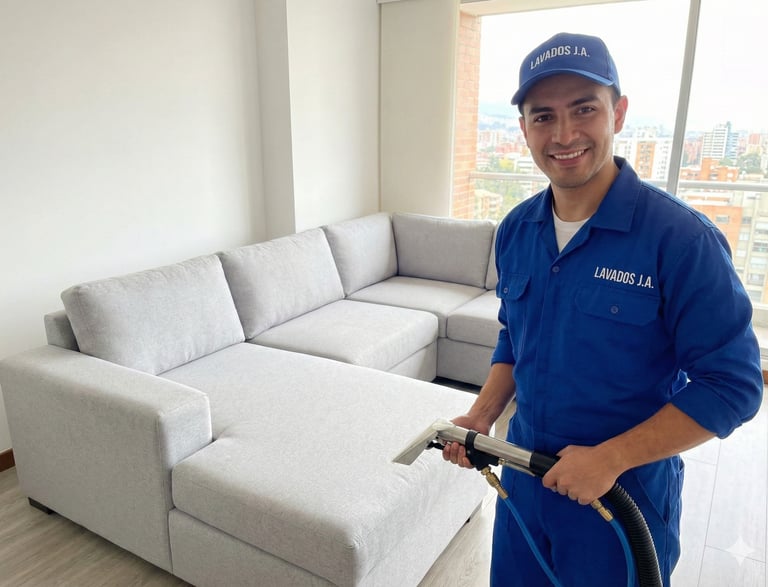 Técnico lavando sofá en Ibagué con máquina profesional