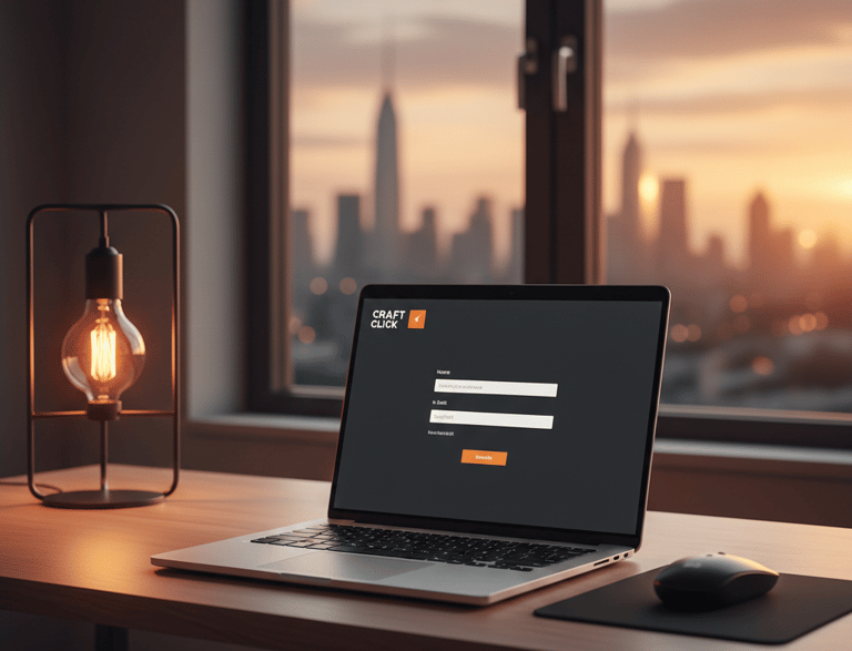 Laptop with login screen on a wooden desk with a lamp and city skyline at sunset.