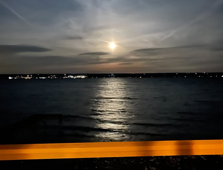 View from upper level deck. You can see the quant town of Aurora across the lake. 