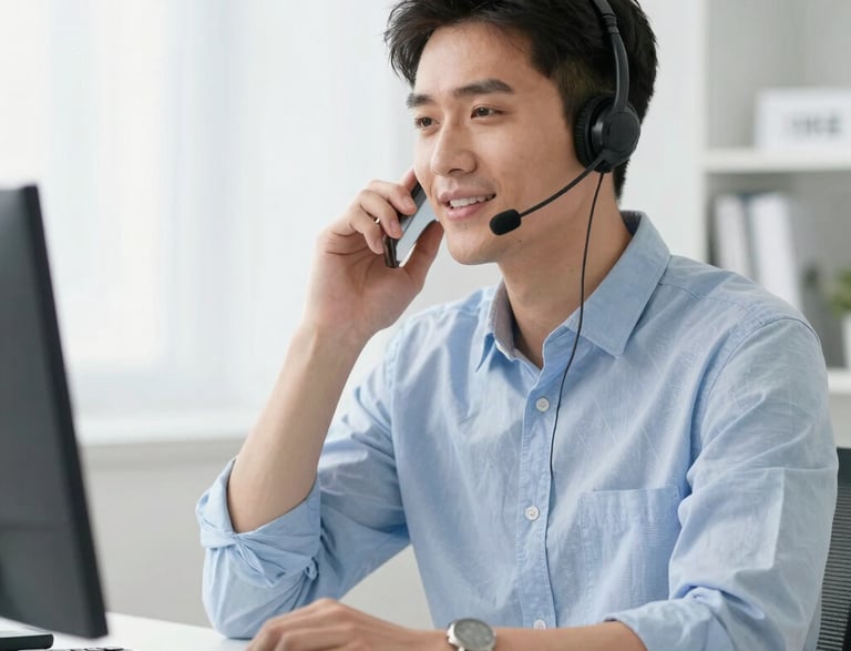 A friendly customer support representative wearing a headset, smiling and ready to assist.