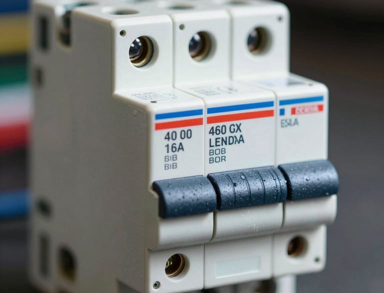 A white triple-pole miniature circuit breaker used for electrical panel overload protection.