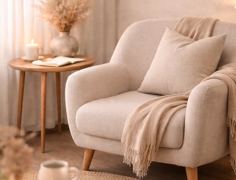 Cozy living room corner with a beige armchair, pampas grass decor, and warm candlelight.