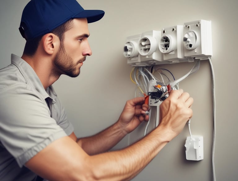 A friendly electrician in Tauranga checking wiring with a warm smile.