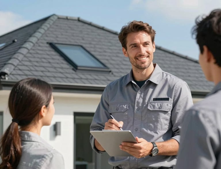 A professional roofing expert shaking hands with a homeowner in front of a modern home under clear blue skies.