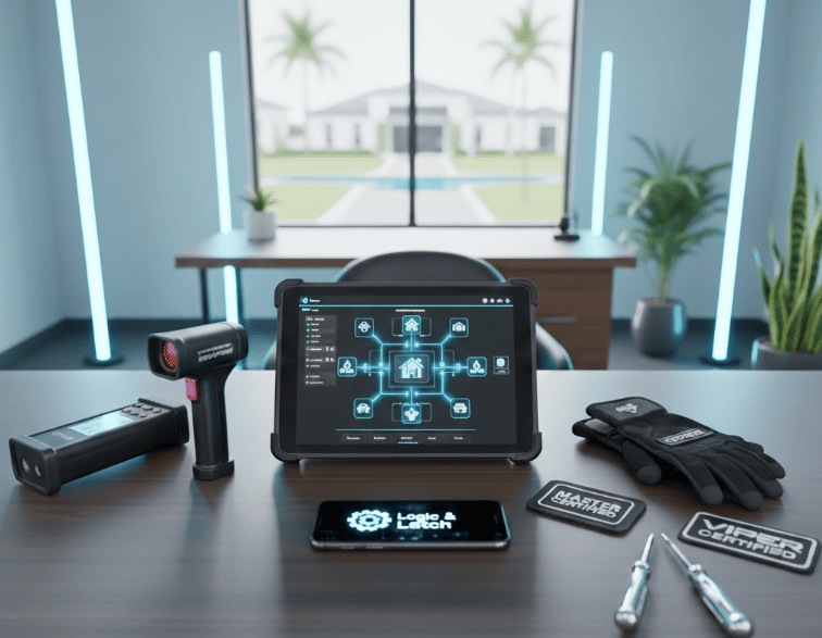 Technical workspace with Logic & Latch smart home hub, Viper Certified and Master Certified patches.
