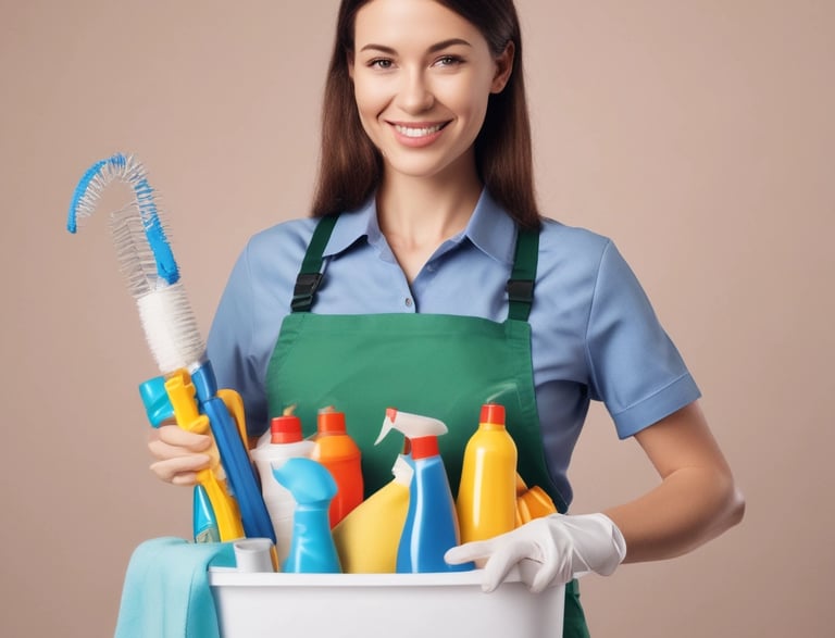 A friendly cleaner smiling while holding cleaning supplies at a Dubai apartment doorstep.