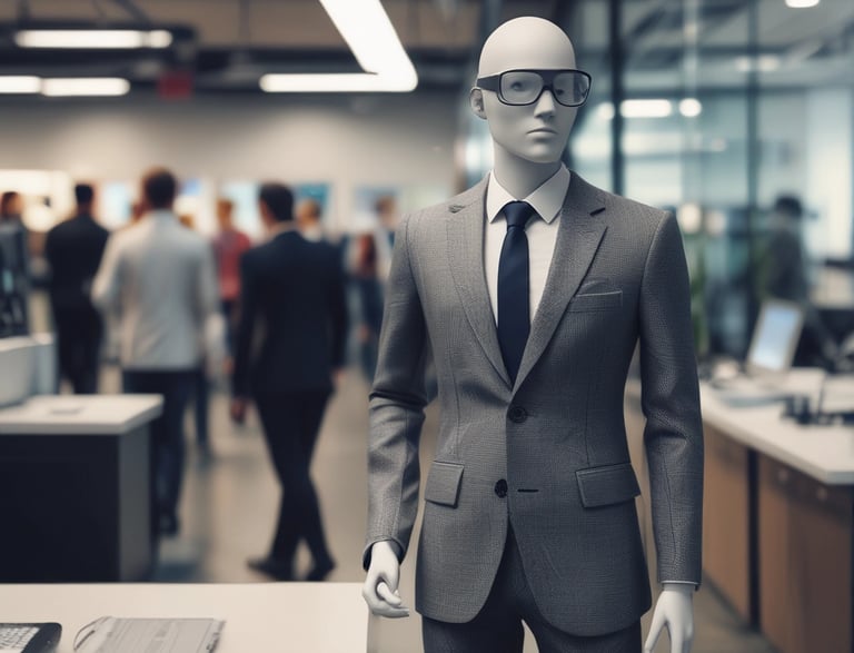 A friendly business professional talking on a headset with AI technology graphics in the background