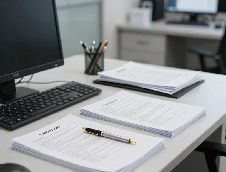 A modern security guard in a blue uniform standing confidently at a building entrance.