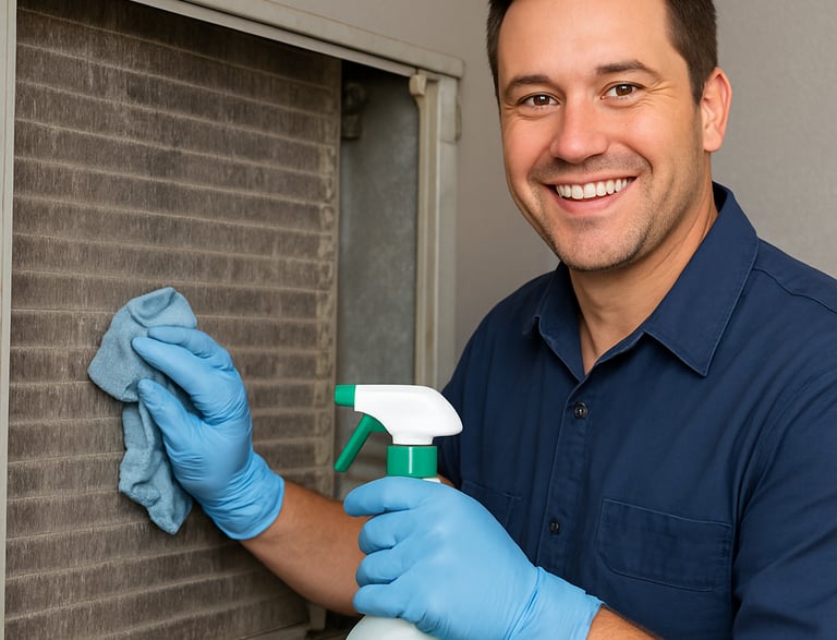 A friendly technician speaking with a homeowner beside a clean air duct system.