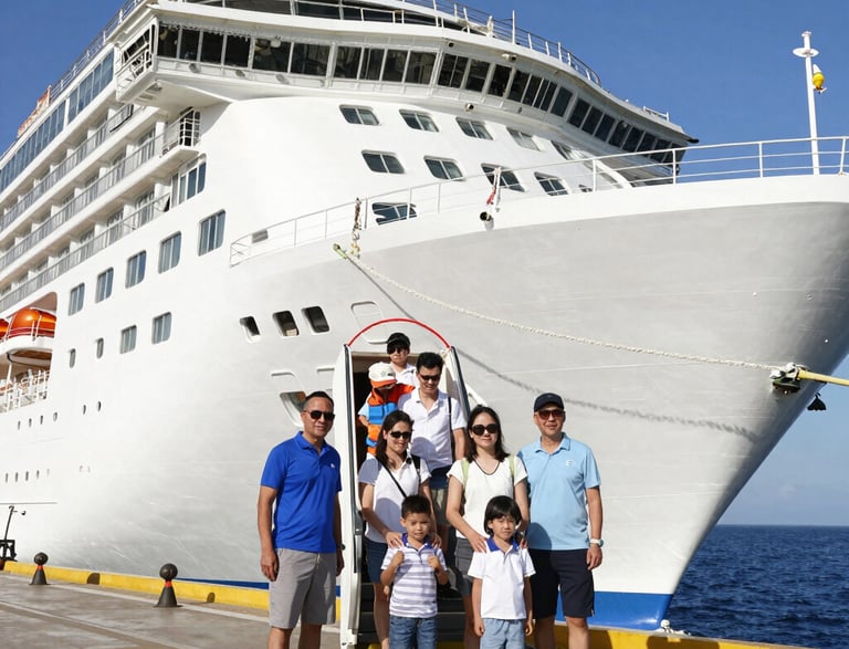 A warm, inviting photo of a family happily chatting with a travel agent over cruise brochures.