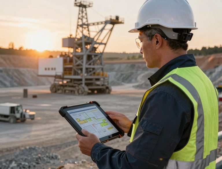 Professional engineer reviewing technical specifications on a digital tablet in an industrial setting.