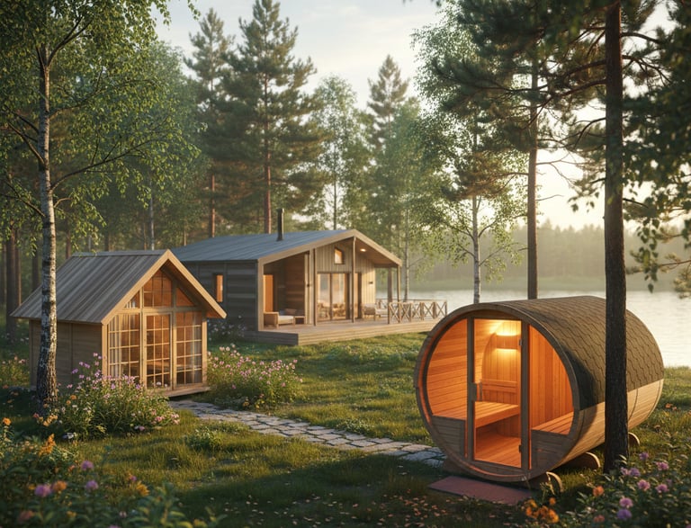 Een sfeervol buitenverblijf met een houten barrelsauna, een prefab tuinhuis en een blokhut in een bosrijke omgeving