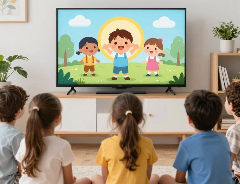 A colorful illustration of children gathered around an open Bible with smiling faces.