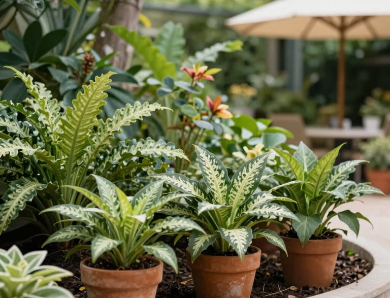A cozy customer service desk surrounded by lush green plants and natural light.