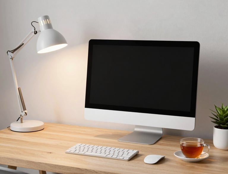 A cozy workspace with a laptop, phone showing WhatsApp, and a cup of coffee.