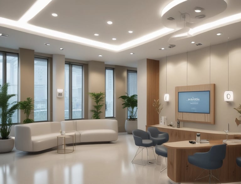 A friendly receptionist answering a phone call in a cozy orthopedic clinic.