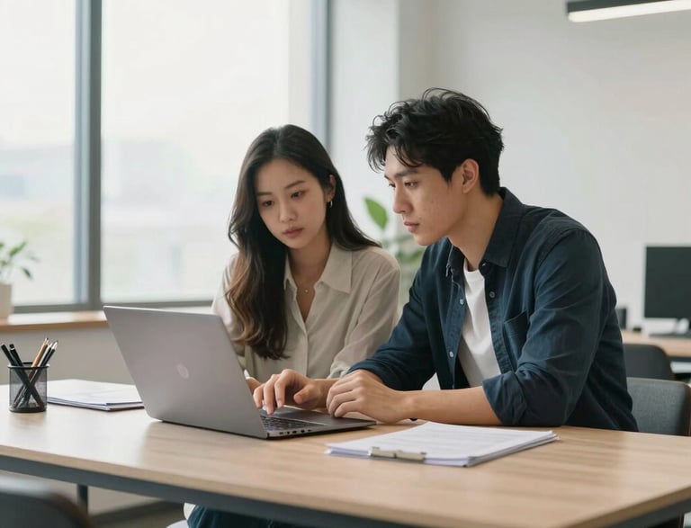 A friendly consultant assisting a Latin American student with study plans in a bright office