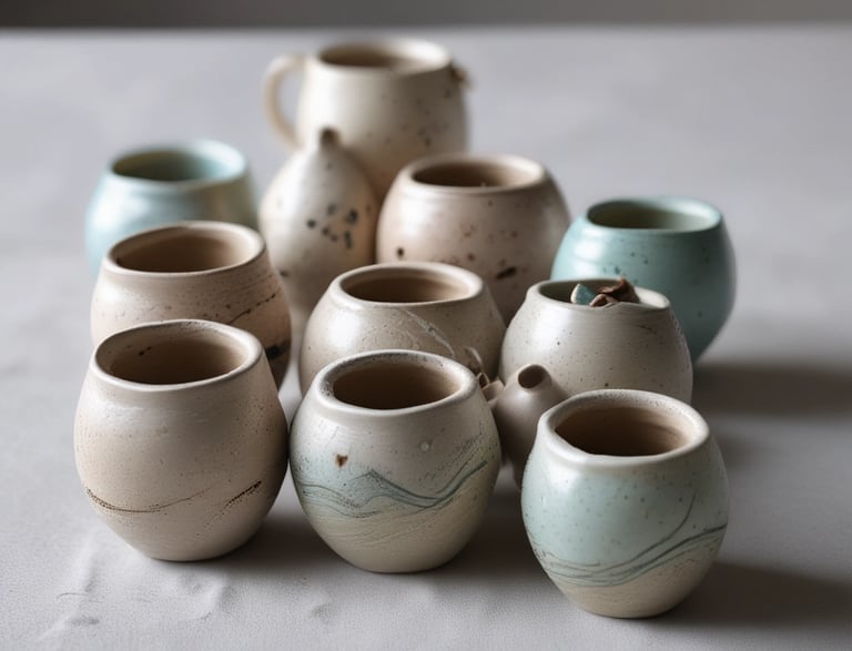 A rustic shelf displays handcrafted pottery including a jug with a cow head handle, a pitcher with a llama face, and a teapot shaped like a chicken.