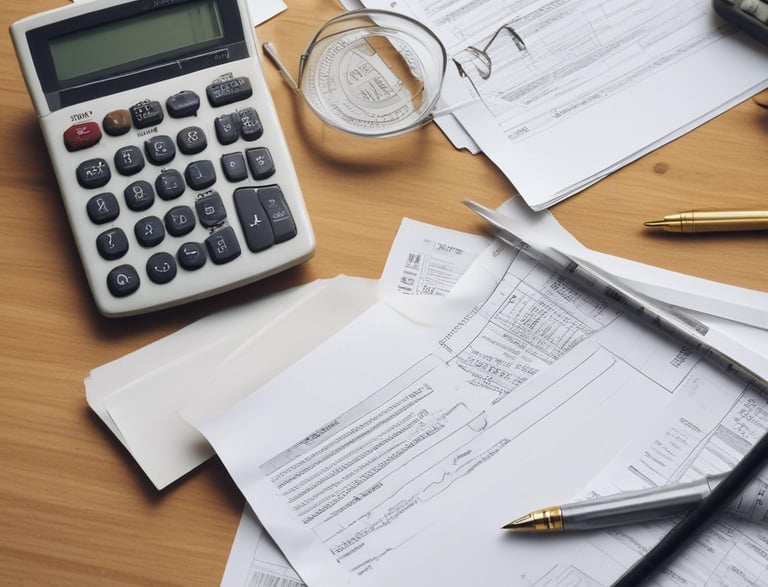 Modern office workspace with people collaborating over financial documents.