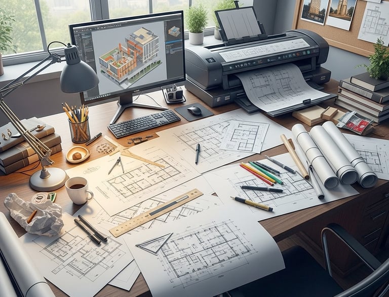 ficticios pic of architects desktop with design drawings