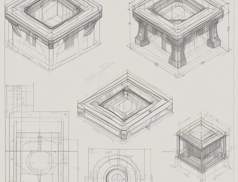 A person is working on architectural blueprints on a table, using a pen to make adjustments. Several sheets with technical drawings are spread out, indicating a focus on planning or design work.