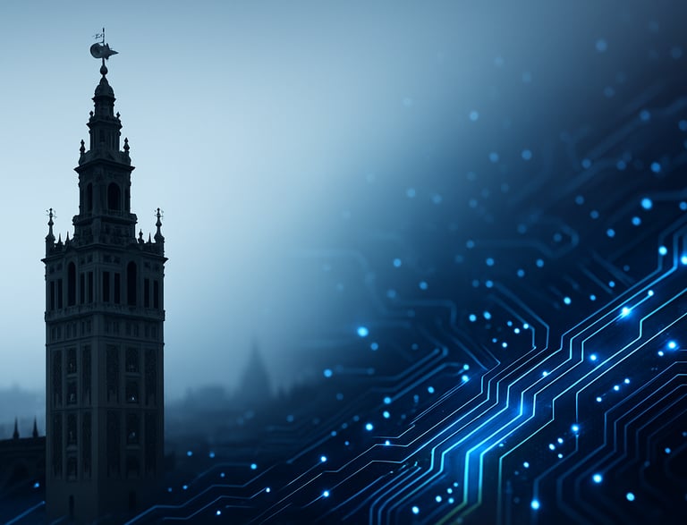 Tecnología, Inteligencia Artificial y la Giralda un edificio emblemático en Sevilla.